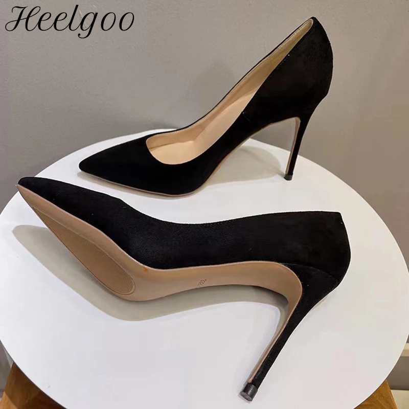 

Heelgoo 8cm 10cm 12cm High Heel Women Elegant Black Faux Suede Pointy Toe Stilettos Shoes Classic Pumps Colors Customize Accept