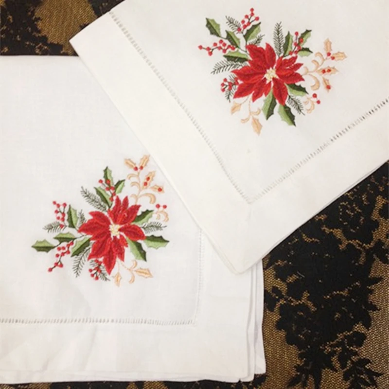 

Set of 12 Handkerchiefs Dinner Napkins Table Napkin Hemstitched Border Embroidered Floral White Linen Fabric Cloth 18x18"/20x20"