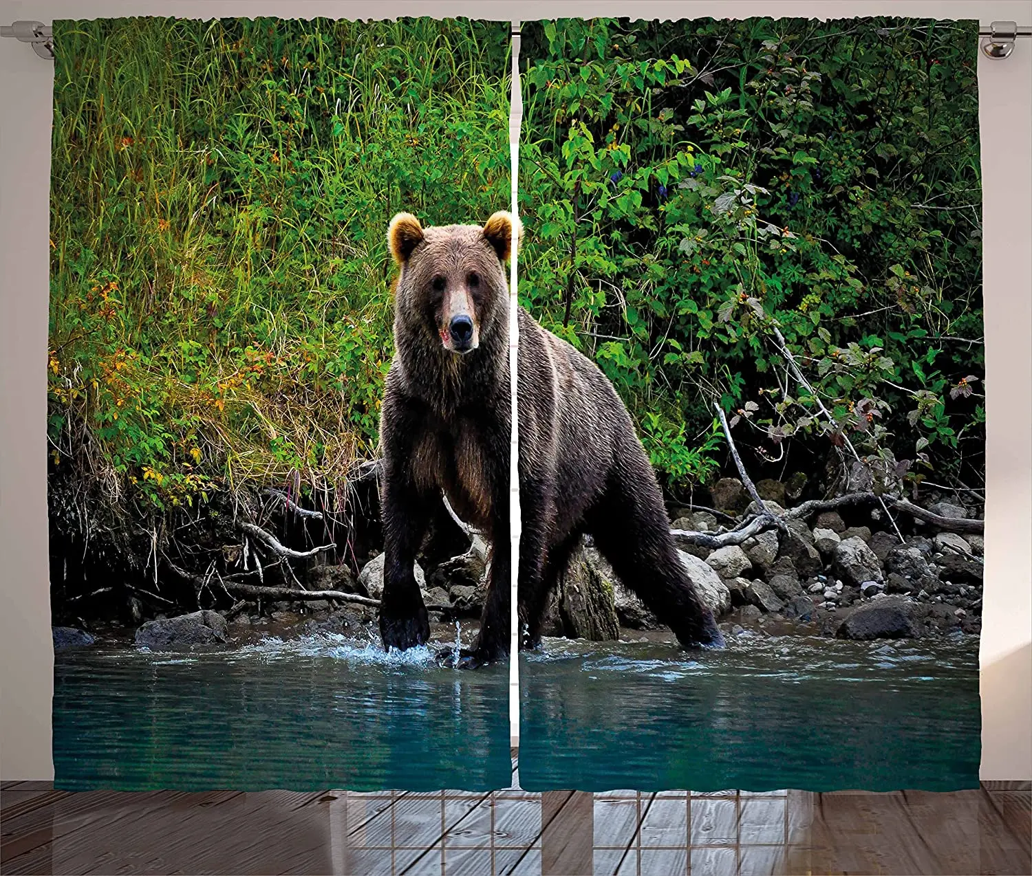 Cabin Blackout Curtains Grizzly Brown Bear in Lake Alaska Untouched Forest Jungle Wildlife Living Room Bedroom Window Drapes