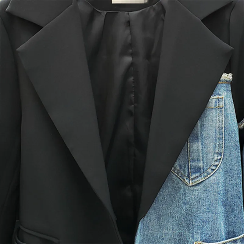 Denim Spliced Women Blazer Jacket High Quality Single Button Black Suit Jacket Loose Fashion Asymmetry Lady Blazer Coat 2021 New