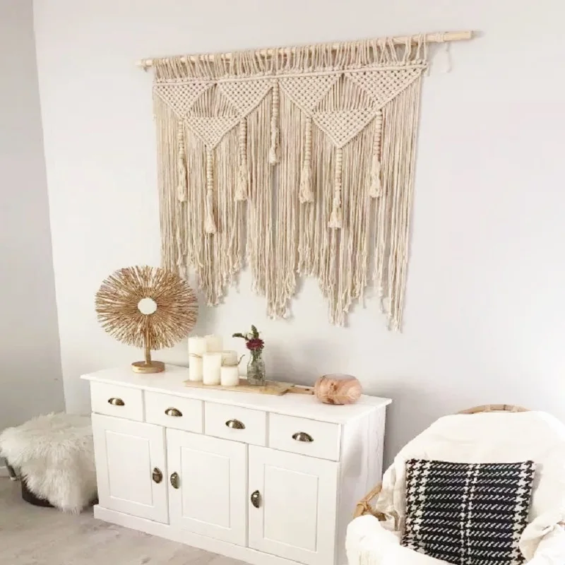 Large Macrame Wall Hanging Tapestry with Wooden Stick Hand-Woven Bohemia Tassel Curtain Tapestry Wedding Backgroud Boho Decor