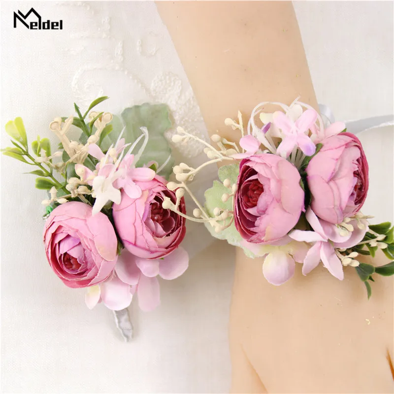 Meldel Bruid Pols Corsage Rose Bud Bloem Zijde Armband Wedding Boutonniere Bruidsjonkers Pak Boutonniere Meisje Corsage Accessoires