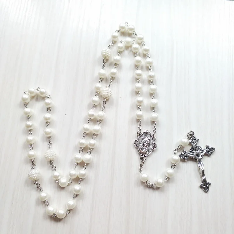 

QIGO White Acrylic Pearl Long Catholic Necklace Cross Pendant Rosary Necklace Religious Jewelry