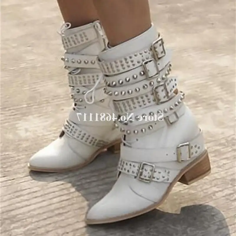 

Belt Buckles Rivet Short Boots Women New Fashion Pointed Toe White Leather Lace-up Design Height Increasing Ankle Booties