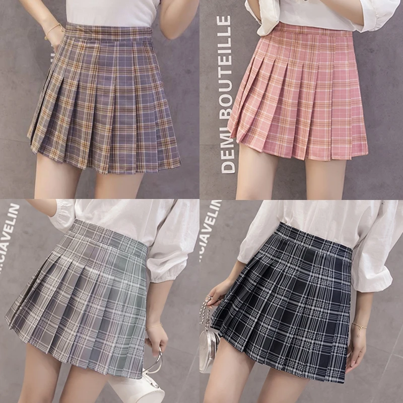 2021 Quality Summer High Waist Women's Skirts A-line Plaid Pleated Skirt With Shorts Women Cute Sweet Girls Casual Skirt Kawaii