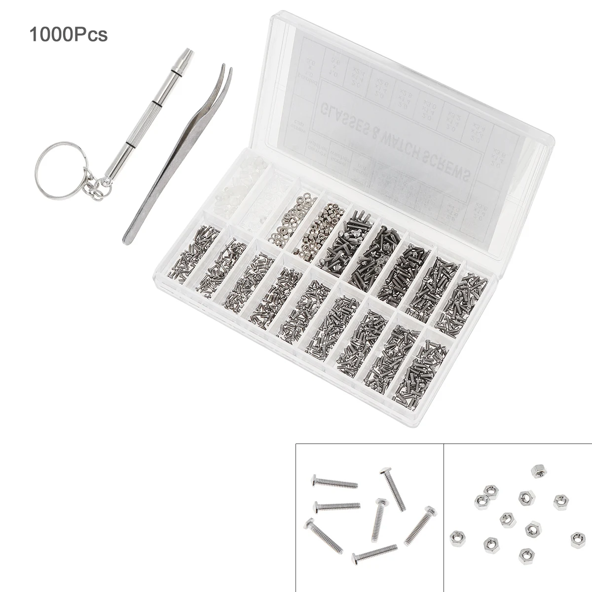 1000 pz/lotto in acciaio inox Boxed viti minuscole dado orologio occhiali Set di strumenti di riparazione kit con cacciavite e pinzette
