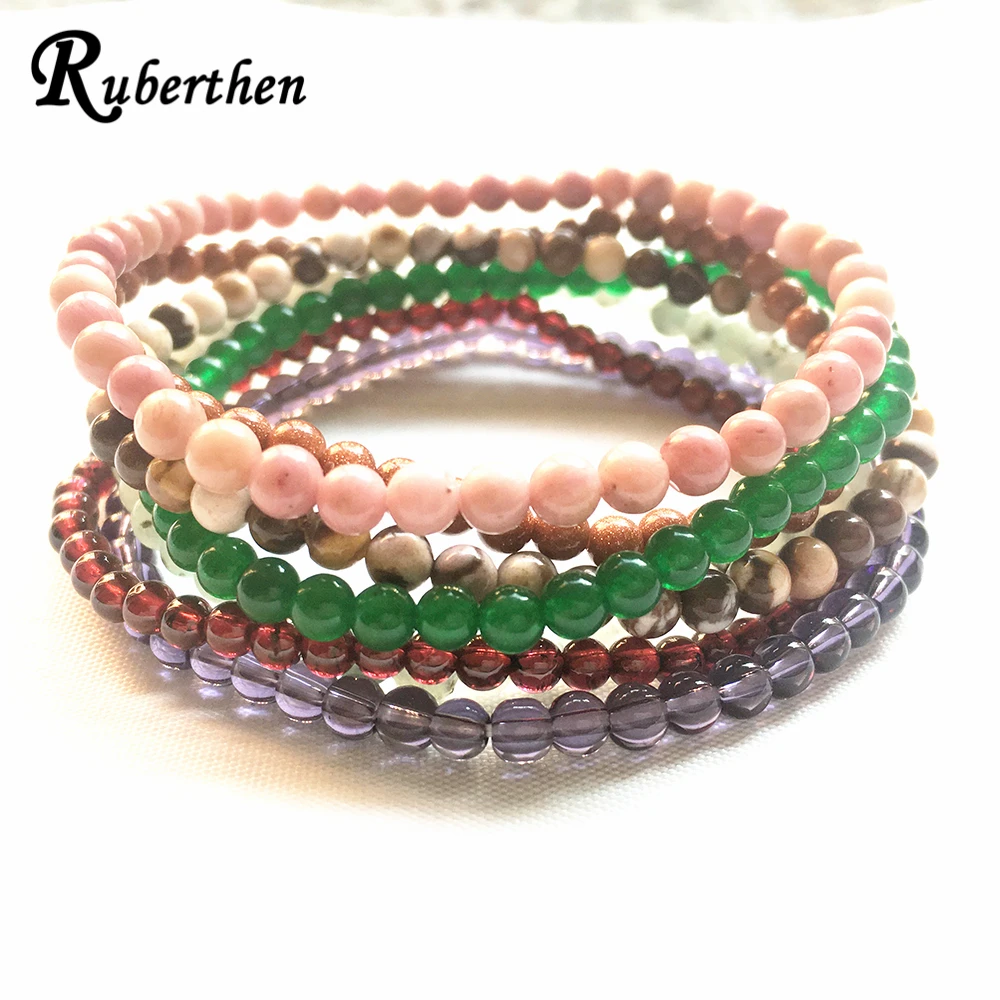 Ruberthen-Conjunto de pulsera de piedra de Chakra de 4 mm y 7, pulsera de arena dorada de rodonita y Kiwi, Mini pulseras de energía de piedras preciosas de 4 mm