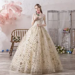 Vestido de casamento 2024 muçulmano meia manga alta pescoço rendas até vestido de baile princesa champanhe vestidos de casamento vintage hs778 personalizado