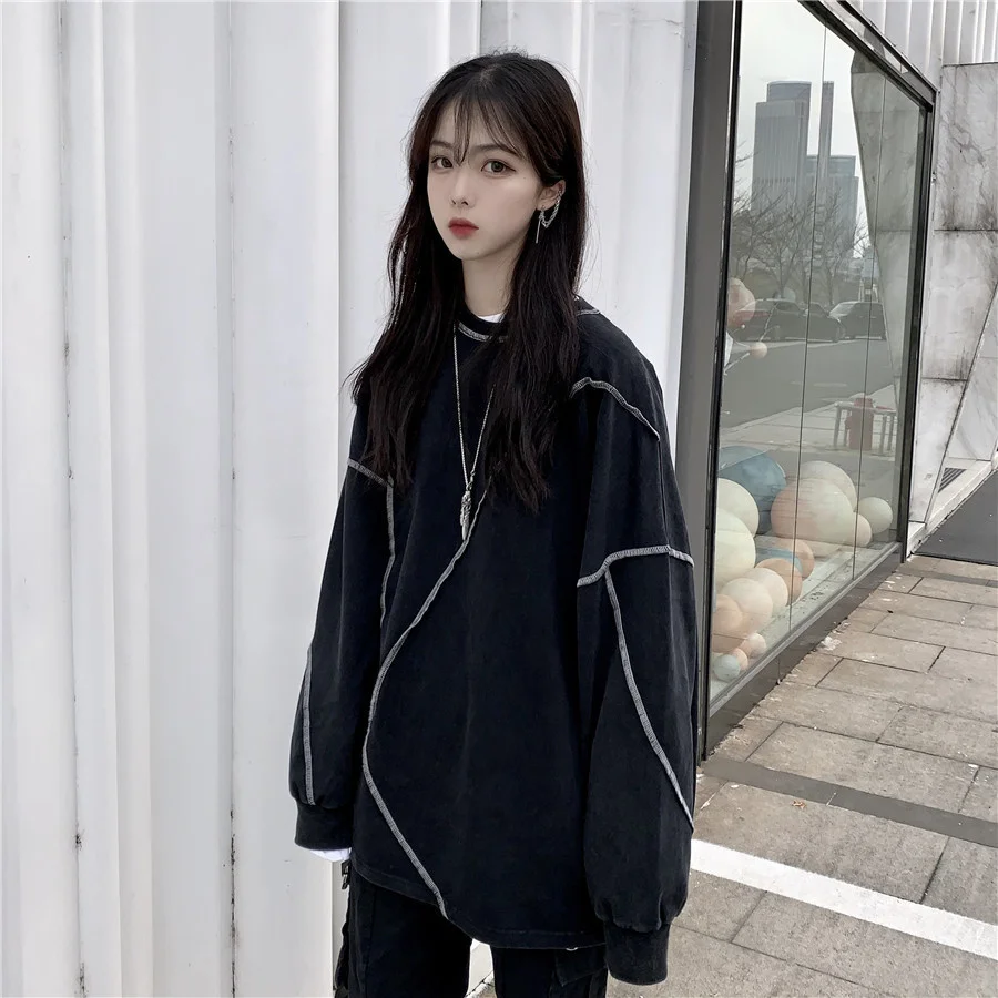 Y Demo Harajuku Streetwear Women Long Sleeve T-shirt Casual O-neck Irregular Patchwork Sweatshirt Oversized Fleece