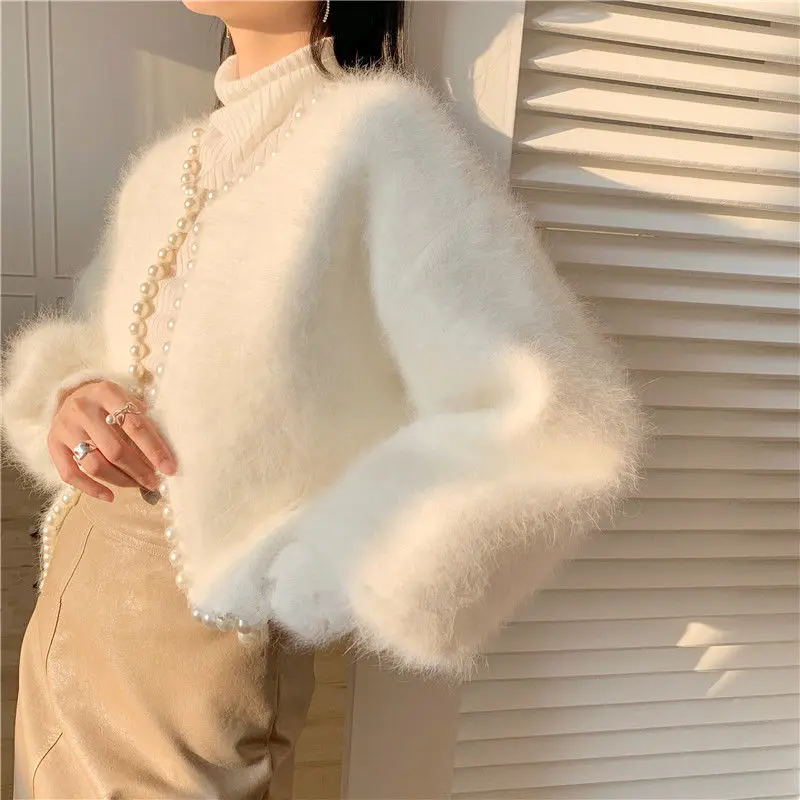 2023 Autumn And Winter New Fashion Ladies Pearl Knit Lantern Sleeves Imitation Mink Fleece Sweater Cardigan Jacket Women