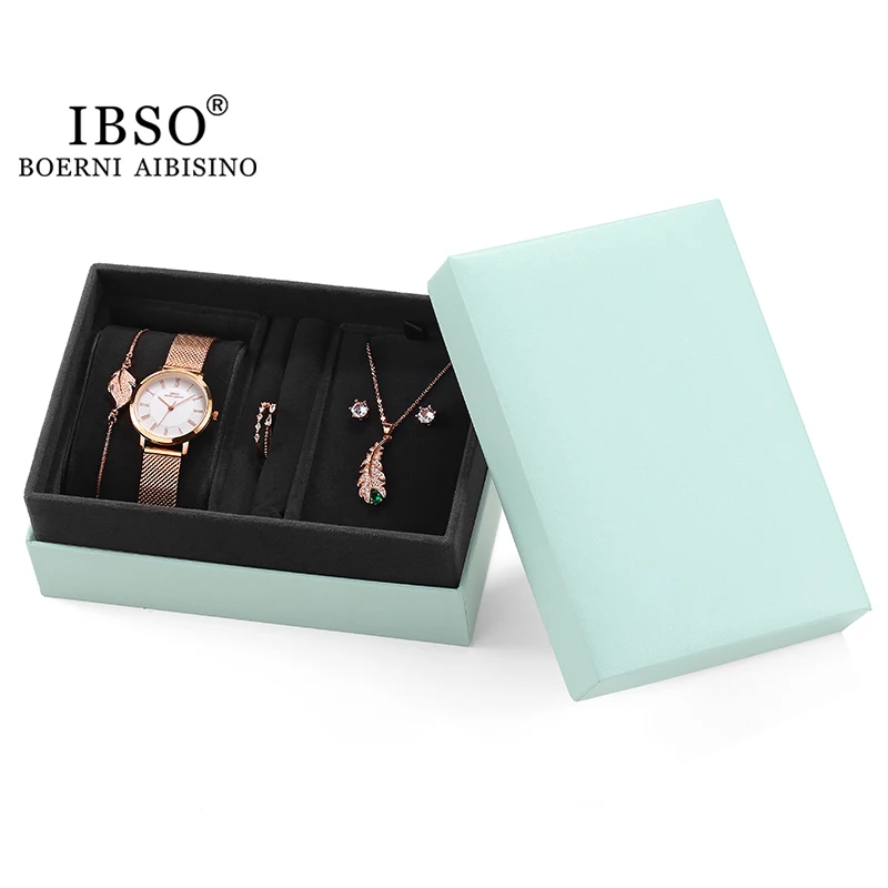 IBSO Women Watch Set Festival Gift For Girlfriend Wristwatches Quartz Japanese Movement Stainless Steel Strap Luxury Jewelry Set