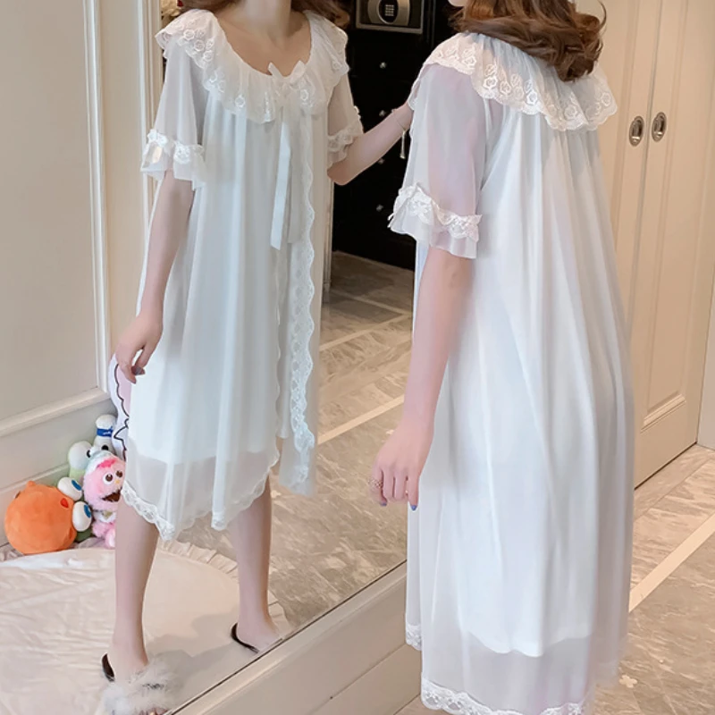 Women Romantic Nightgowns Victorian Vintage White Pink Lace Tulle Modal Night Dress Robe Retro Royal Princess Lounge Sleep Wear