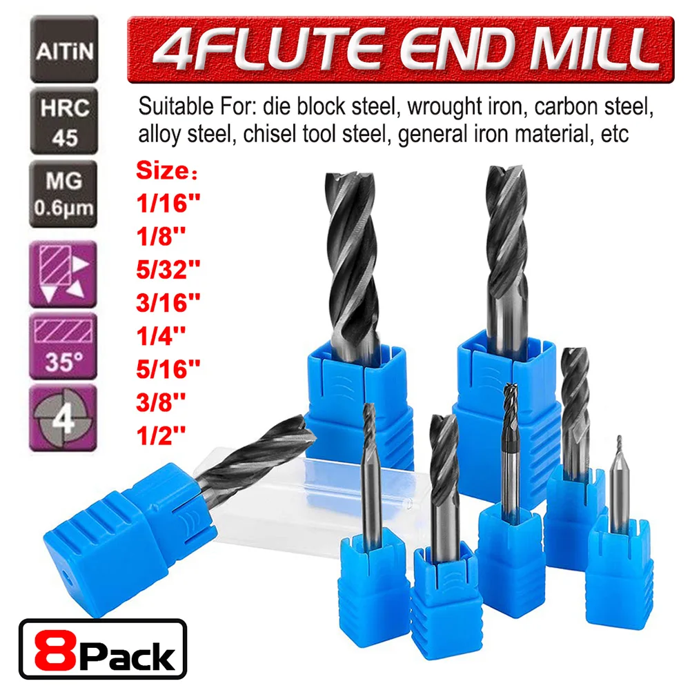 8pcs Solid Carbide End Mill 4 Flute TiAlN Coated  Micrograin Carbide Slot Drill 1.5-16mm End Mill Bit for Metal Drilling Working