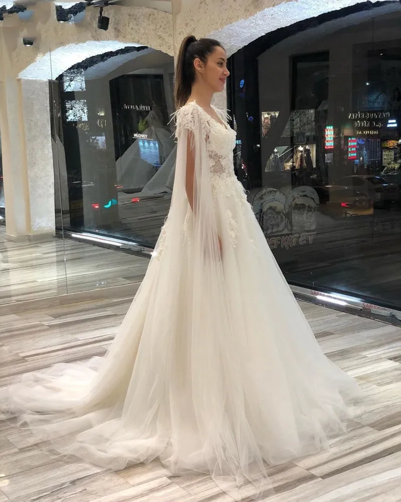 فساتين زفاف إسلامية جديدة 2025 كيب الخامس الرقبة كم طويل دانتيل زينة مطرز ريشة فستان زفاف Vestido de Noiva Mariage