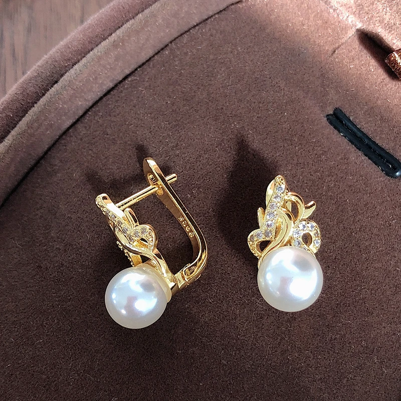 Kinel Trendy 18k Gold Pearl Stud Earrings For Women Party Accessories Natural Zircon Earrings Wedding Jewelry Crystal Gifts