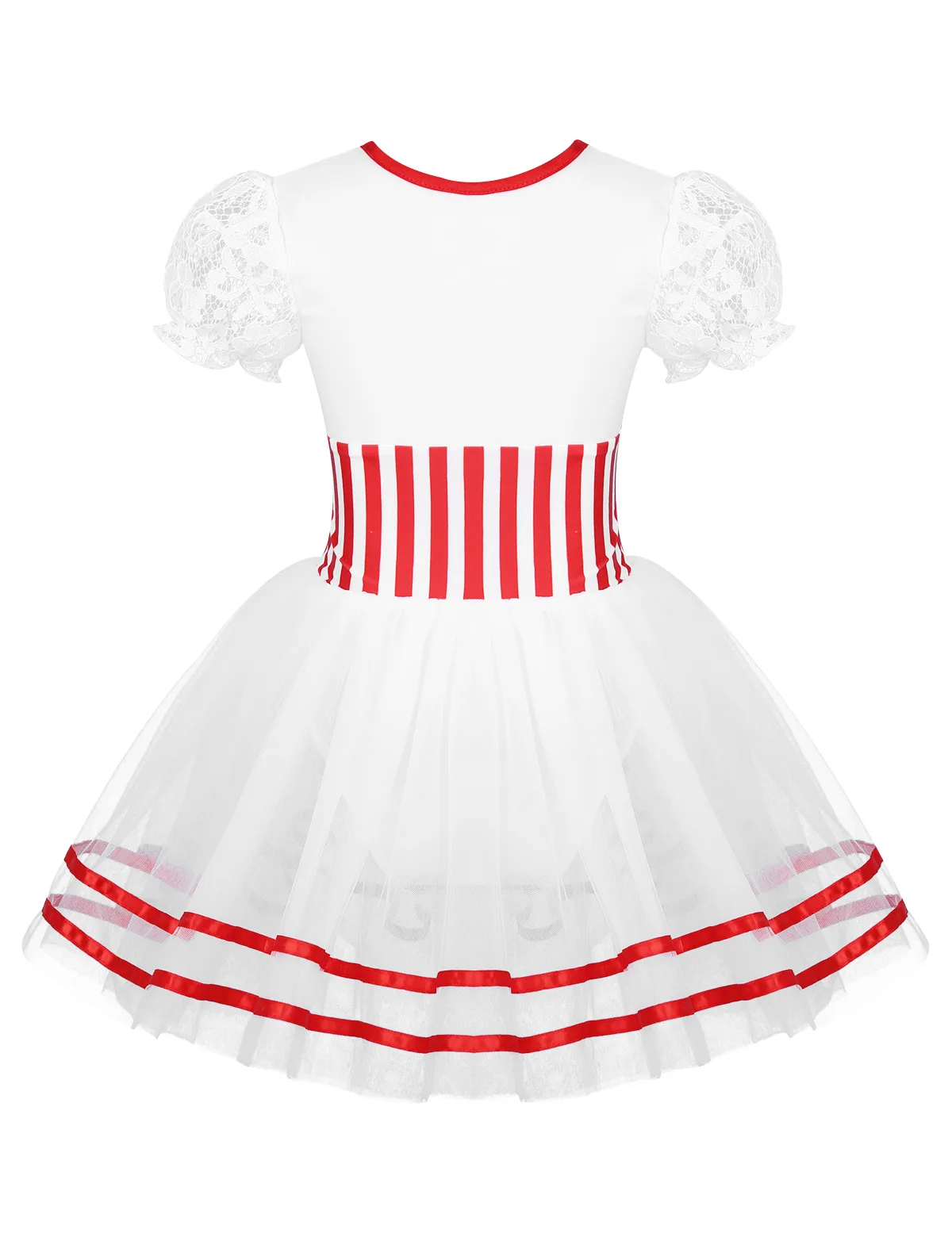 Kids Girls Christmas Dance Costume Short Lace Puff Sleeves Striped Waist Figure Ice Skating Baton Twirling Mesh Leotards Dress