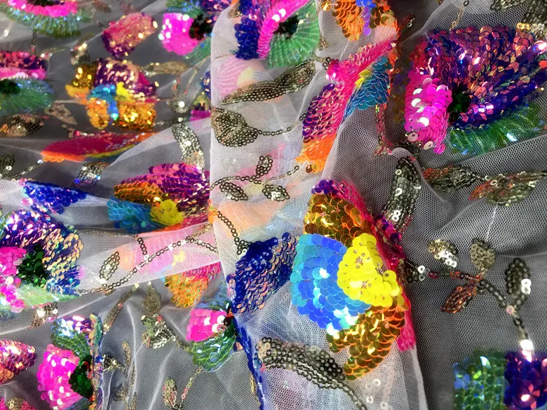 LASUI 2021 NEW brilliant Color transparent sequin cluster flower shiny mesh dress high-end custom dress designer fabric X0750