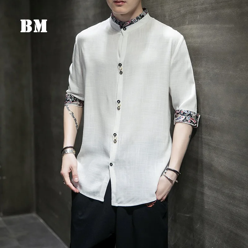 2021 Chinese Style Cotton Linen Half Sleeve Shirt Men'S Clothing Summer Plus Size Retro Stand Collar Dress Harajuku Top Male