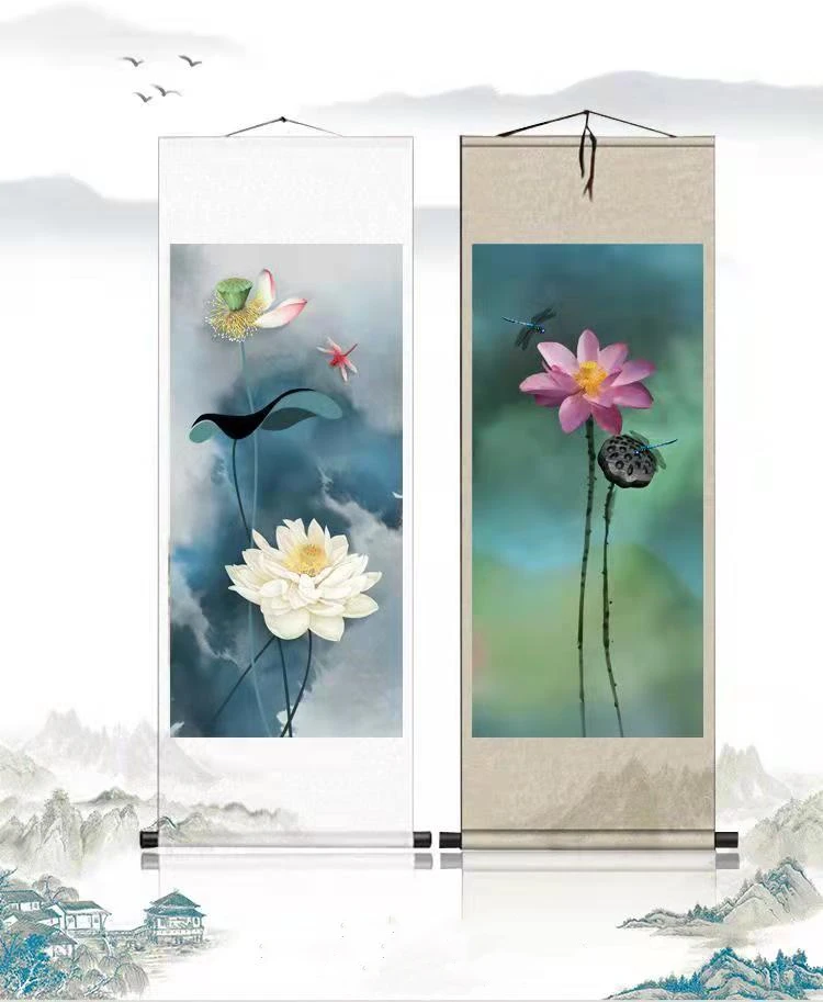 

Chinese Style Lotus Wall Paintings Vintage Living Room Bedroom Home Office Decor Aesthetic Posters Flower Tapestry Decoration