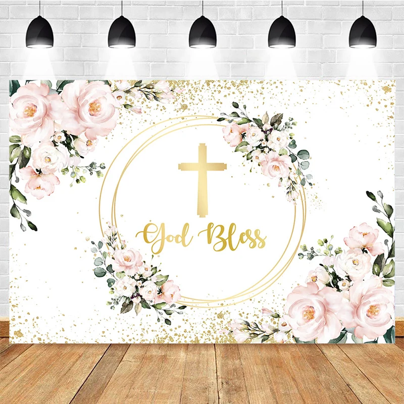 God Bless Themed Party Backdrop Decorations Gloden Cross Green Leaves Baptism Photo Background Cake Table Photography Props