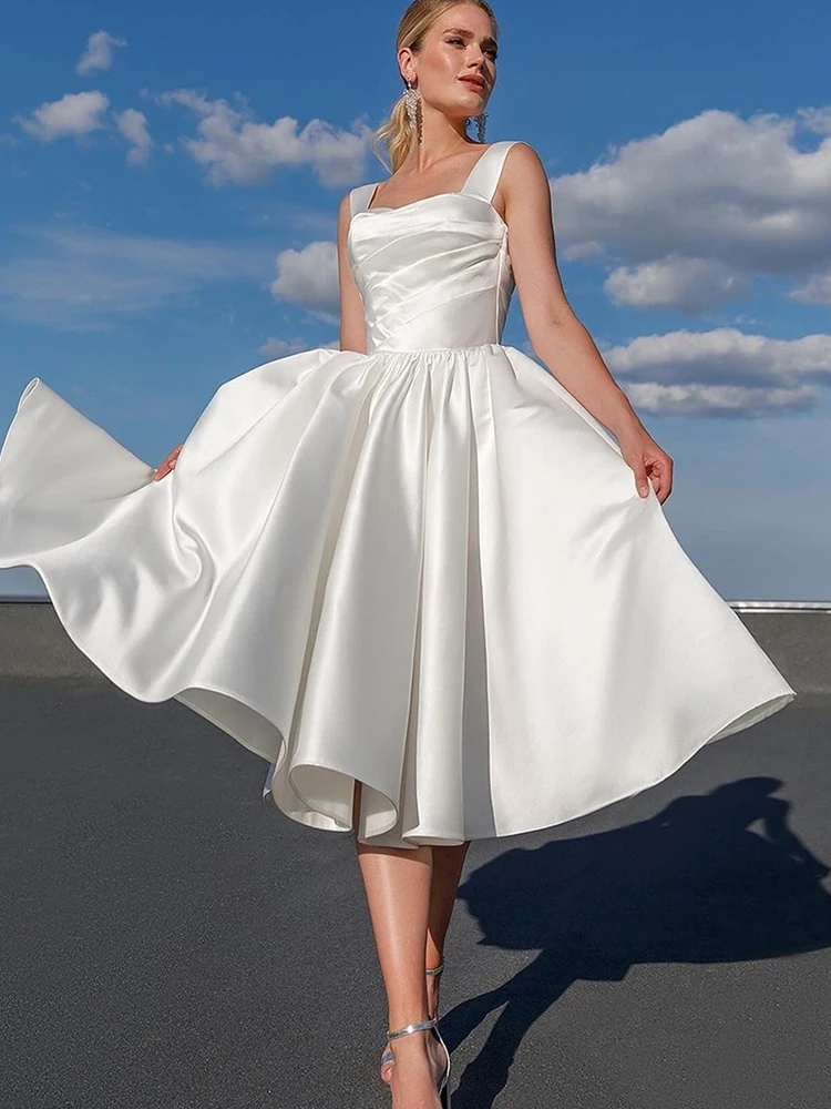 Vestido De novia corto De satén con tirantes finos, prenda De vestir blanca hasta la rodilla, sin mangas, para playa