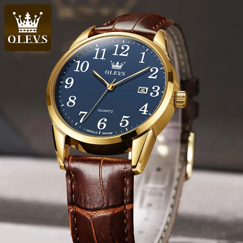 OLEVS-Reloj de pulsera de cuarzo azul para hombre y mujer, cronógrafo de lujo, sencillo, informal, con fecha, resistente al agua, regalo para pareja, 5566