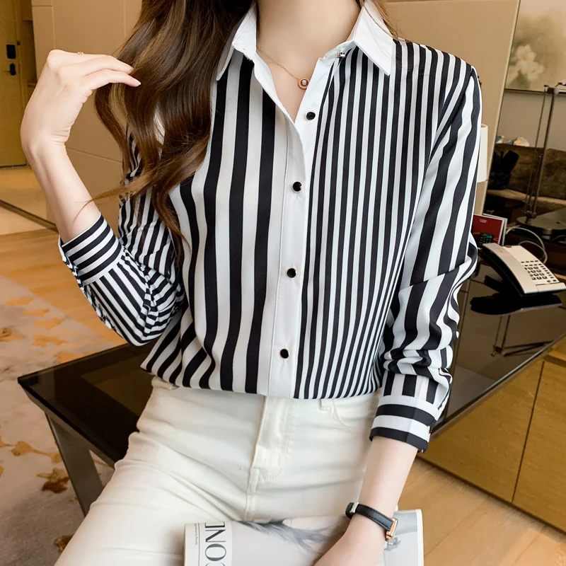 Modne w paski drukowanie panie koszule damskie bluzki wiosenne jesienne z długim rękawem z długim rękawem koszule topy Blusas Mujer