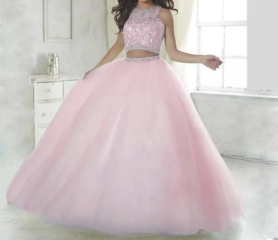 Vestido de baile de encaje de dos piezas, quinceañera, 15 años, largo hasta el suelo, Apliques de encaje, 16 vestidos de graduación, 2019