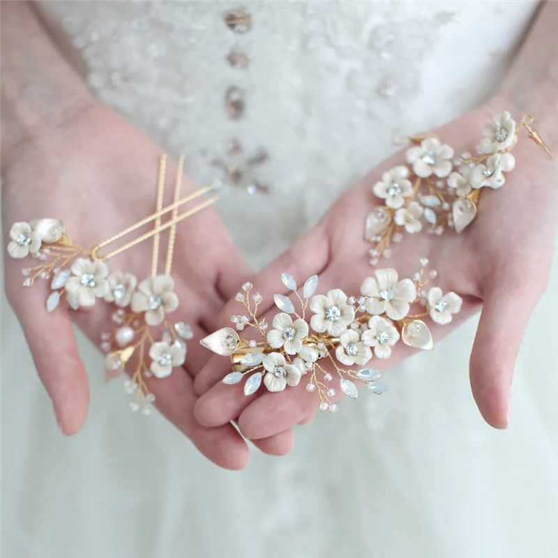 Porcelain Flower Hair Comb Wedding Pins Crystal Bridal Boddy Pins Hair Piece Women Headpiece Jewelry