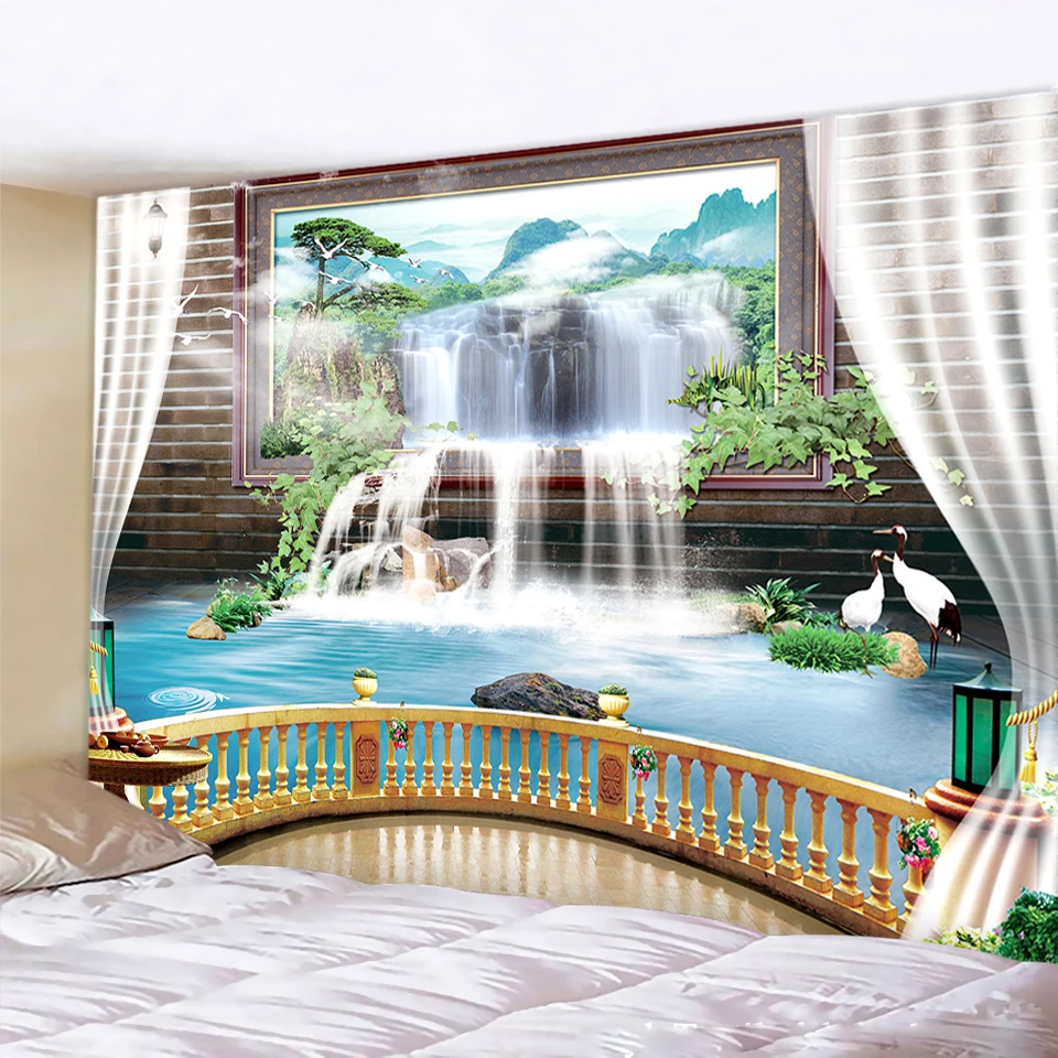 3D waterfall landscape house decorative tapestry psychedelic scene room decoration bosimian room decorative yoga mat