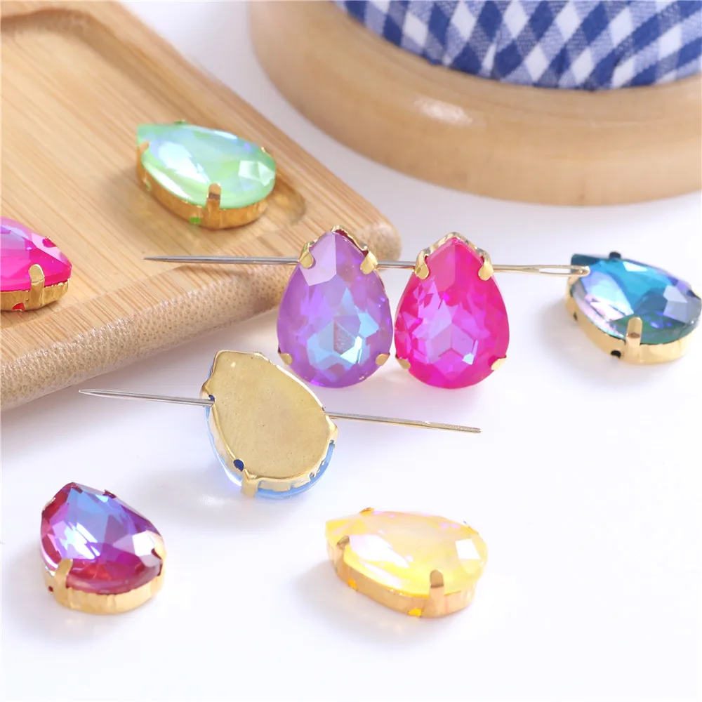 New Teardrop Glass Sew On Rhinestones With Gold Claw Glitter Crystals Stones For Sewing Clothes Shoes Diy 10x14mm 13x18mm