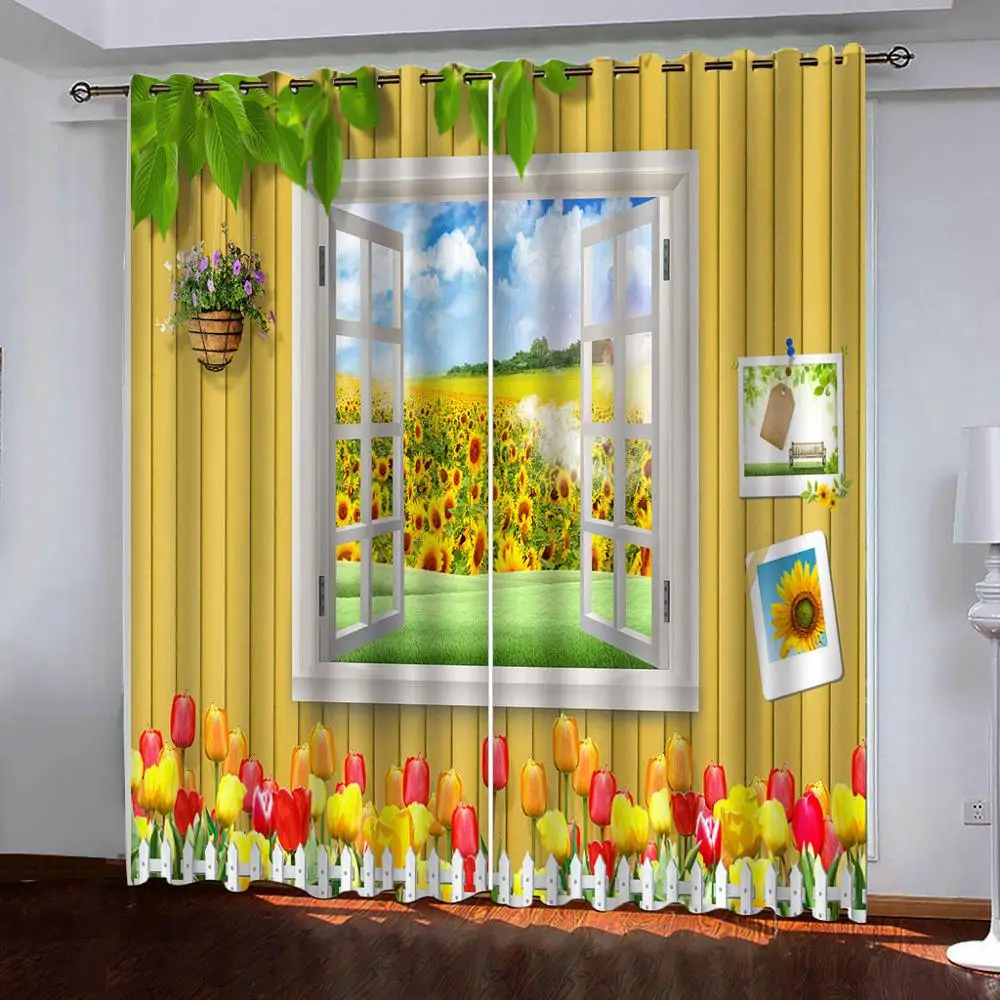 

Customized size Curtains Yellow planks tulip windows Luxury Blackout 3D Window Curtain For Living Room office Bedroom