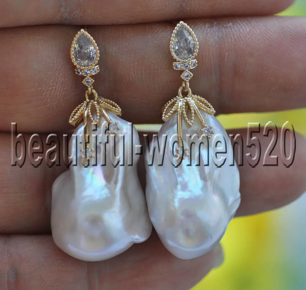 MTC·STAR  Z11137 A+ 28mm White Baroque Reborn Keshi Pearl Dangle Earring CZ