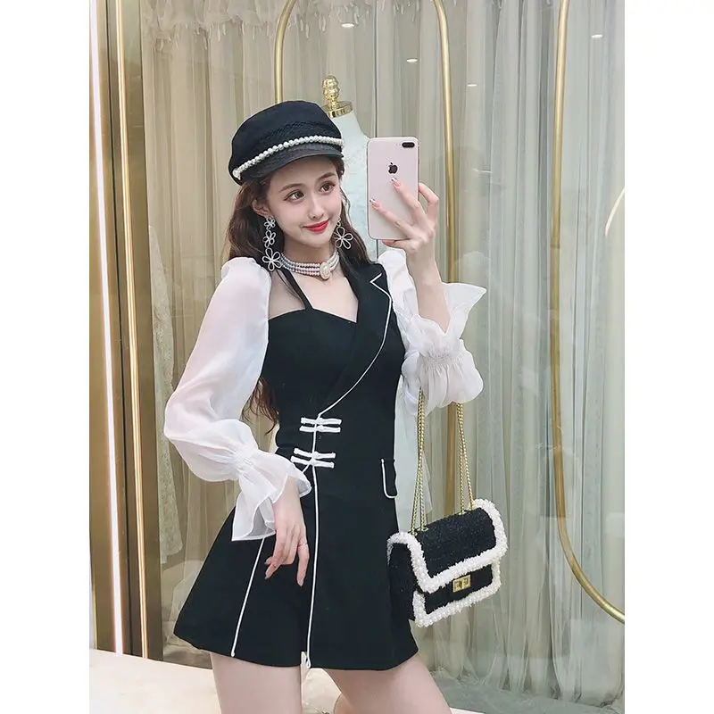 Asymmetric Suit Collar Patchwork Flared Sleeves Retro Buckle Split Top Base Shorts Two-Piece Suit Spring New Women's Clothes