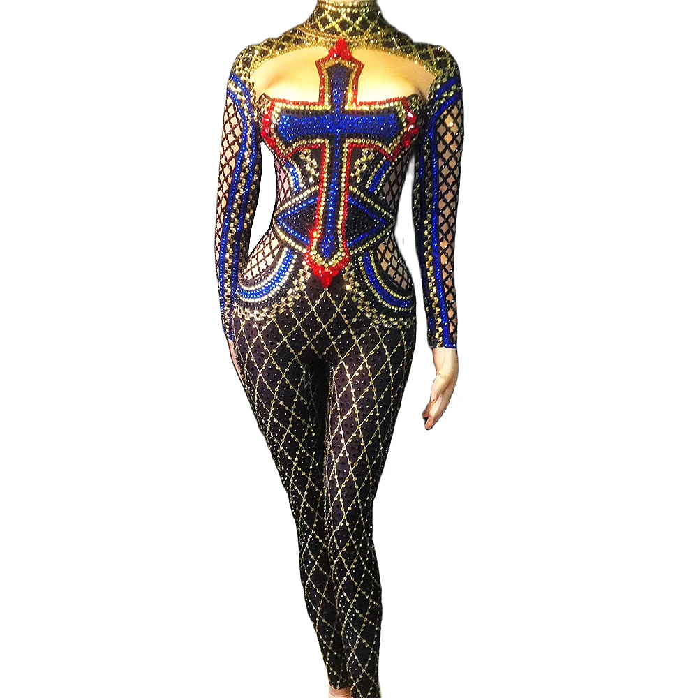 

Sparkling Colorful Crystals Rhinestones Women Jumpsuit Spandex Elastic Singer Performance Stage Jazz Drag Queen Dance Costume