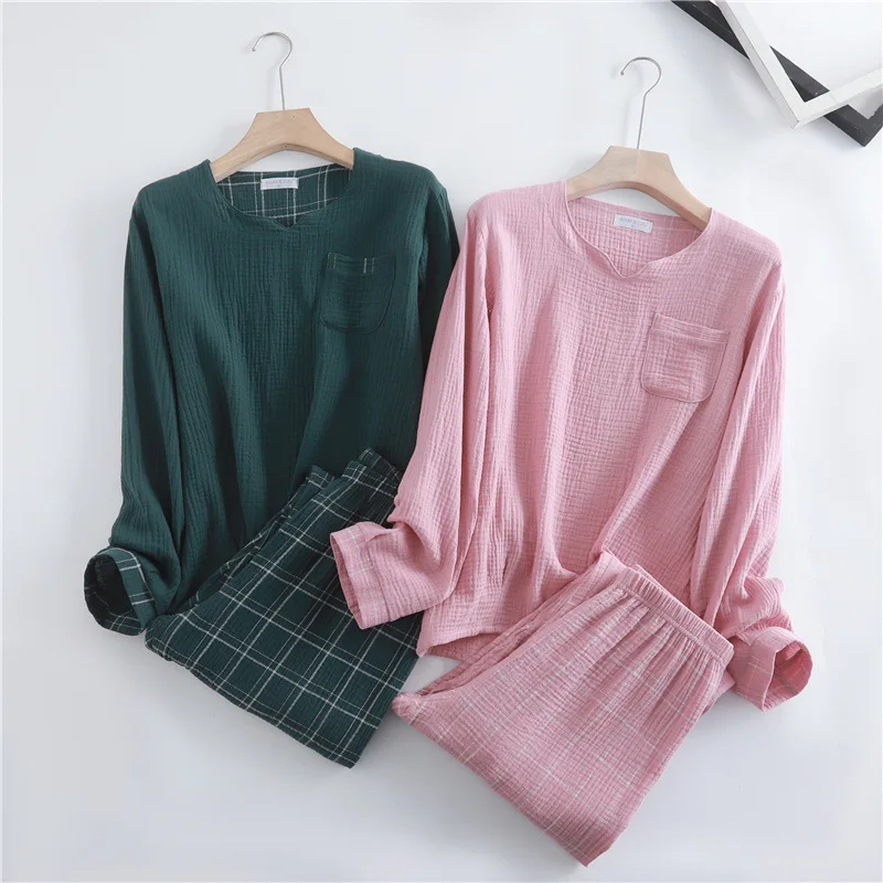 Women Cotton Pajamas Sets Water-Washed Cotton Sleepwear Quality Crepe Yarn Home Suits Pure Color Lounge Wear Indoor Clothe Pink