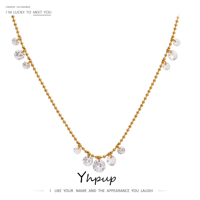 Yhpup Stainless Steel Chain Necklace Delicate Cubic Zirconia Jewelry Trendy Metal 18 K Plated Golden Collar Necklace Party Gift