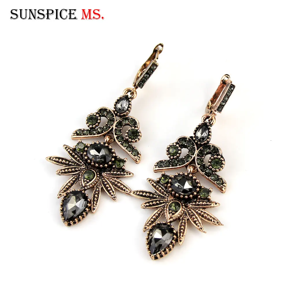 Sunspicems Vintage Turkish Gray Crystal Drop Earring for Women Retro Gold Color Bohemia Wedding Party Jewelry Christmas Gift