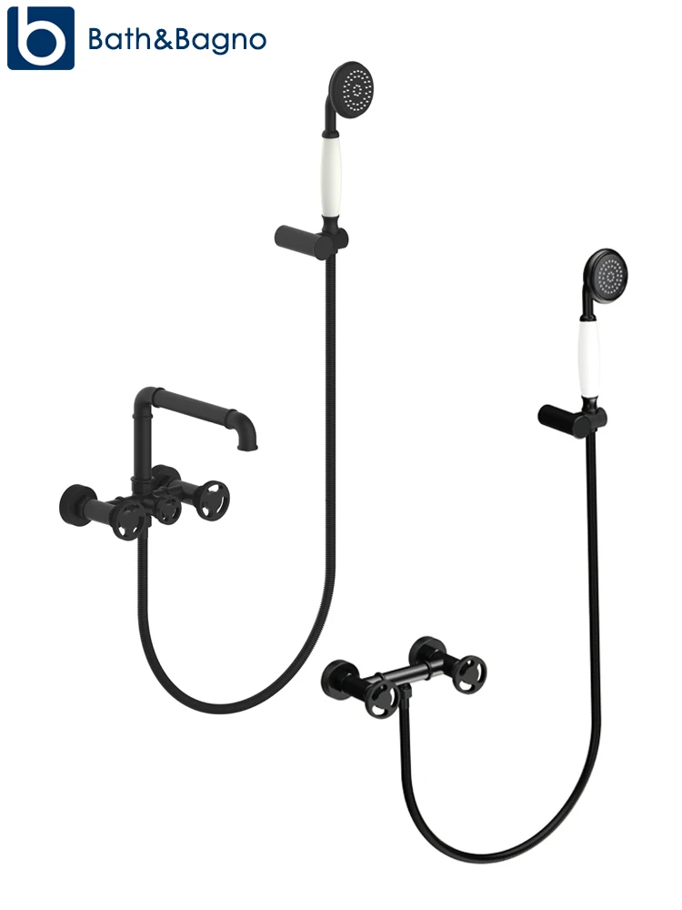 Banheira Torneira do Chuveiro Conjunto Moderno Industrial Ins Preto Banheiro Misturador do Chuveiro de Bronze Dupla Alça Fixado na Parede com Chuveiro Mão