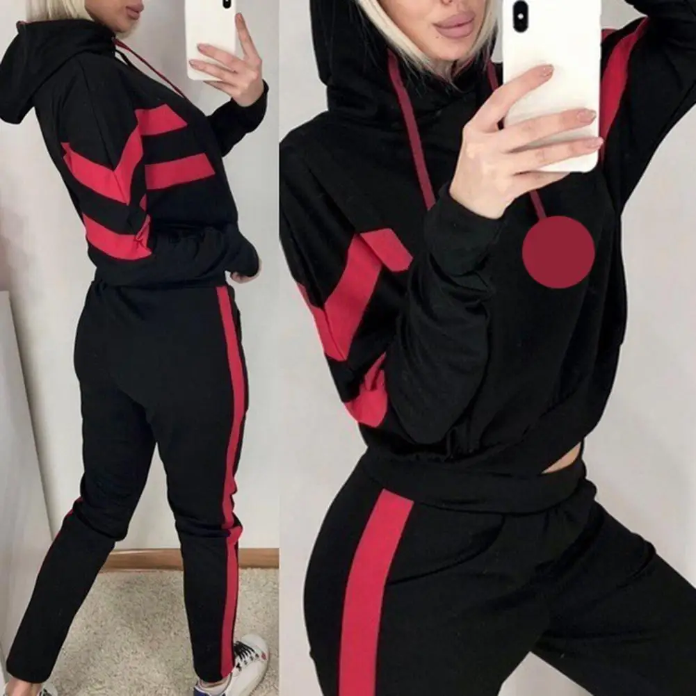 2pcs Splic Striped Women Pants Set Casual Hooded Sweatshirts Short Top Long Sweatpants Two Pieces Set Outfits Women Tracksuits