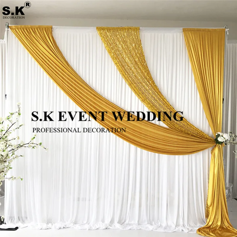 

New Design White Ice Silk Wedding Backdrop Curtain With Gold Swag Drapery Sequin Stage Background For Event Party Decoration