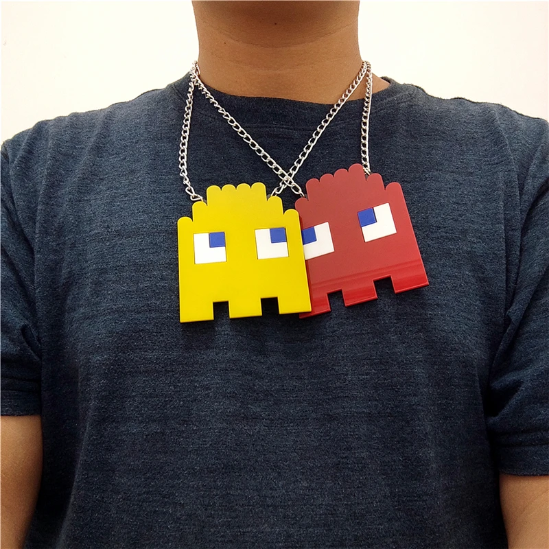 Game Large Pendant Necklace Pixel Man Women Silver Color Chain Big Cartoon Unisex Red Yellow Punk Rock Acrylic Jewelry