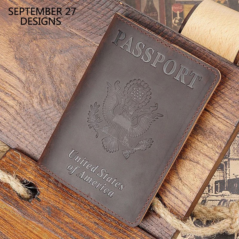 

USA Passport Cover Men Crazy Horse Leather Passport Case Women Genuine Leather Handmade 100% Cowhide Travel Passport Bag