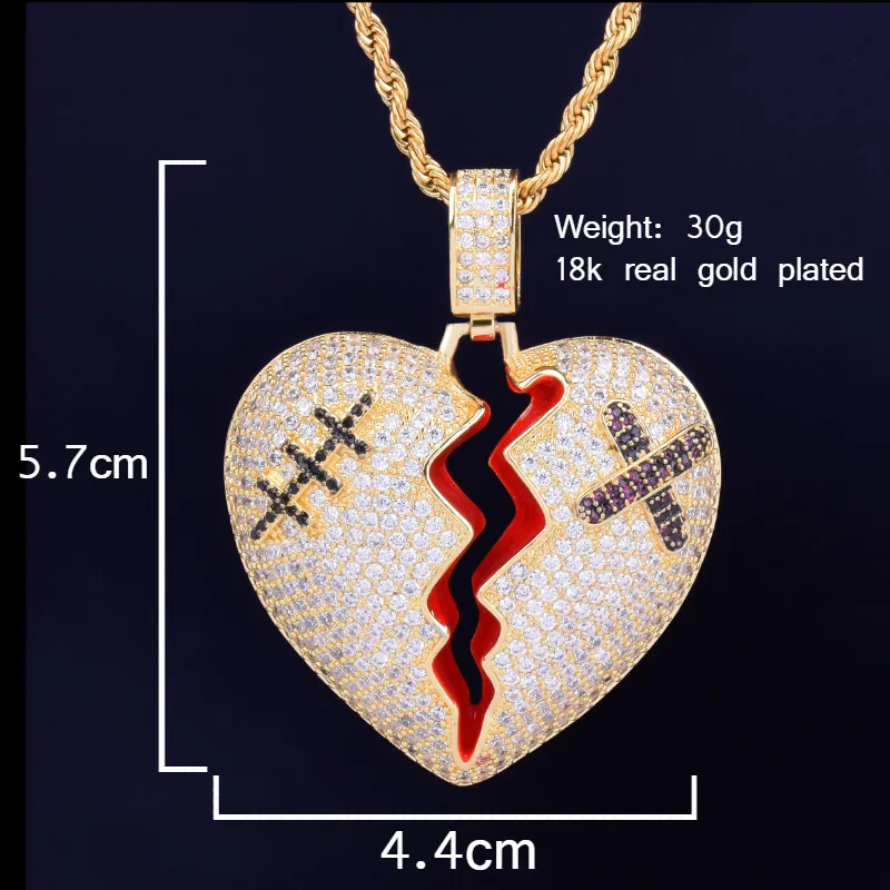 Broken Heart Pendant Necklace Gold Color Cubic Zircon Men\'s Hip Hop Street Rock Jewelry