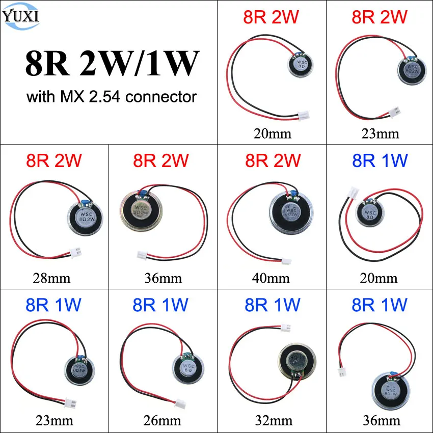 YuXi 8R 1W 2W Ultra-thin Horn 8 ohms 1/2 Watt Speaker MX2.54 Diameter 20mm 23mm 26mm 28mm 32mm 36mm 40mm Loudspeaker