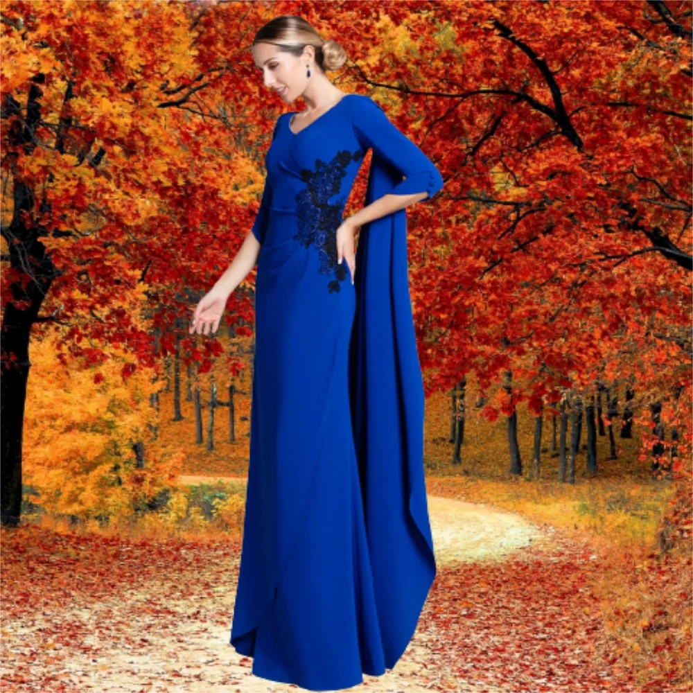 V-Neck Half Sleeve Prom Dresses Royal Blue Elastic Satin Sheath Floor Length Evening Gowns Dress Formal