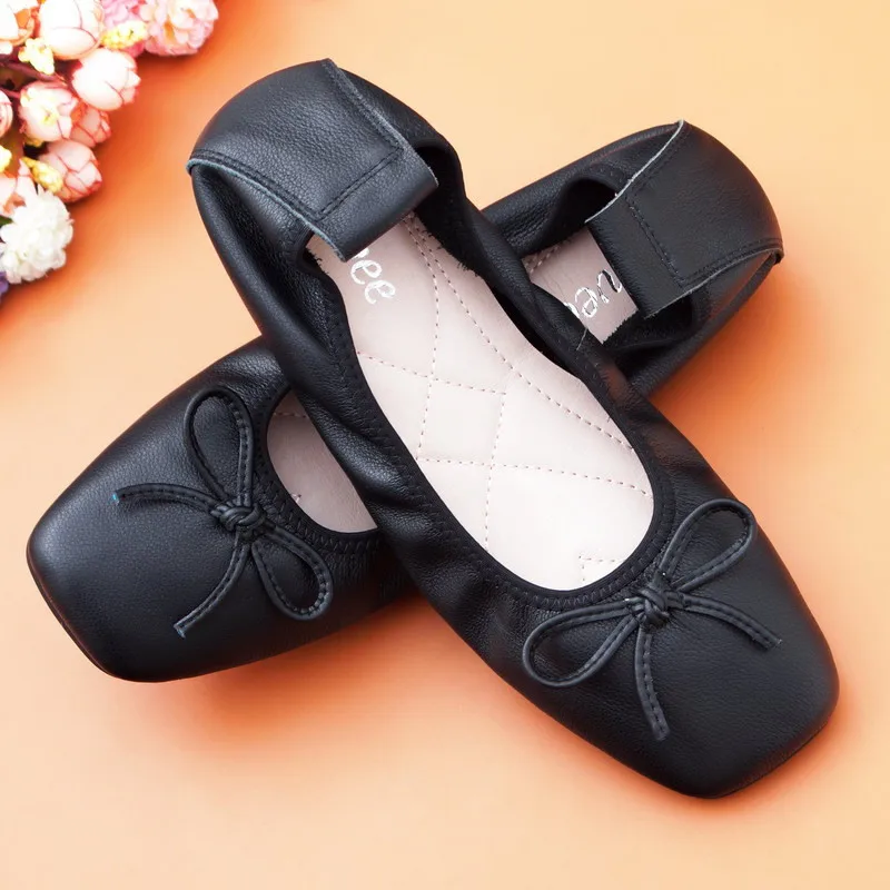 Sweet Bow Square Toe Ladies Flats Shoes New Genuine Leather Slip On Loafers Shoes For Woman Plus Size 34-43 Women's Ballet Flats image 2