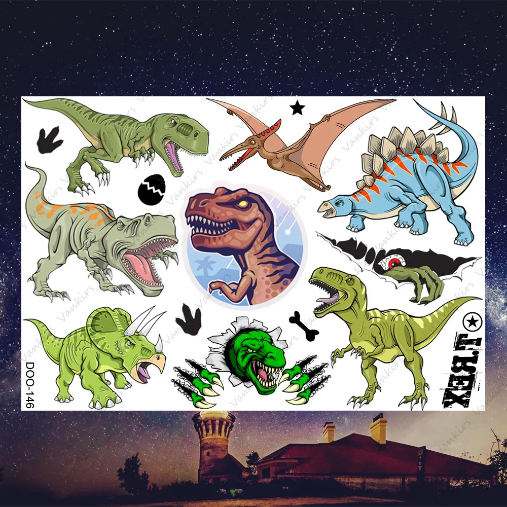 T-Rex  Dino Temporary Tattoos Sticker Realistic Fake Body Art Arm Face Tattoo For Kids Children Boys Watercolor Dinosaur Tatoos