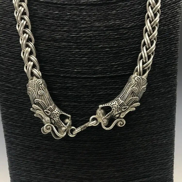 Chinese Antique Tibetan Silver Necklace Hand Carved Dragon Necklaces