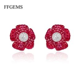 FFGems New Design 925 Silver Drop Big Earring Flower Created Nano Ruby Emerald Invisible Fine Jewelry Women Wedding Party Gift